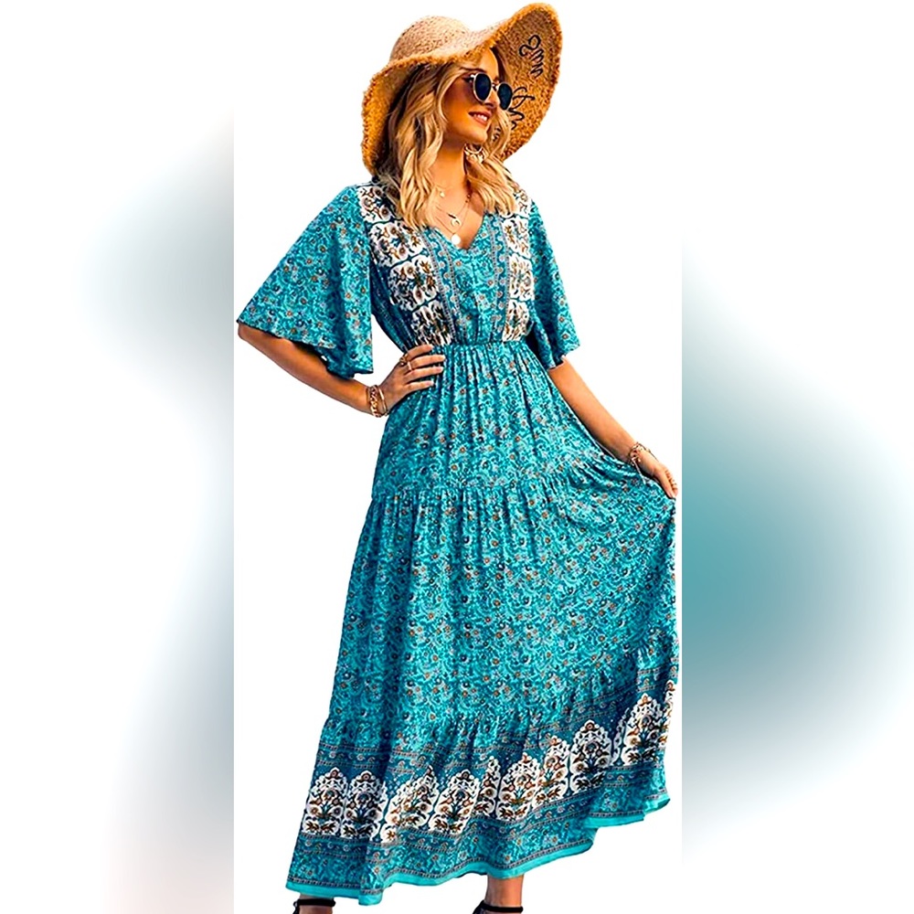 Anna Kaci California boho maxi dress size M (8/10). Teal and floral.